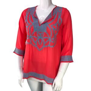 Gretchen Scott Designs Womens Size L Tunic Top V Neck Embroidered Red Chiffon